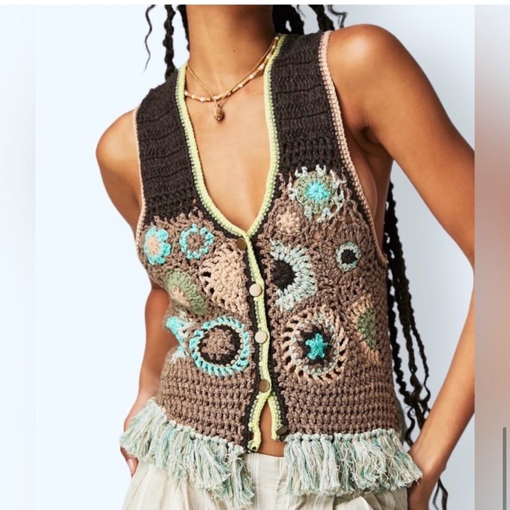 Free People Desert Rose Crochet Vest In Size XSmall Handcrafted Laganlook Fringe